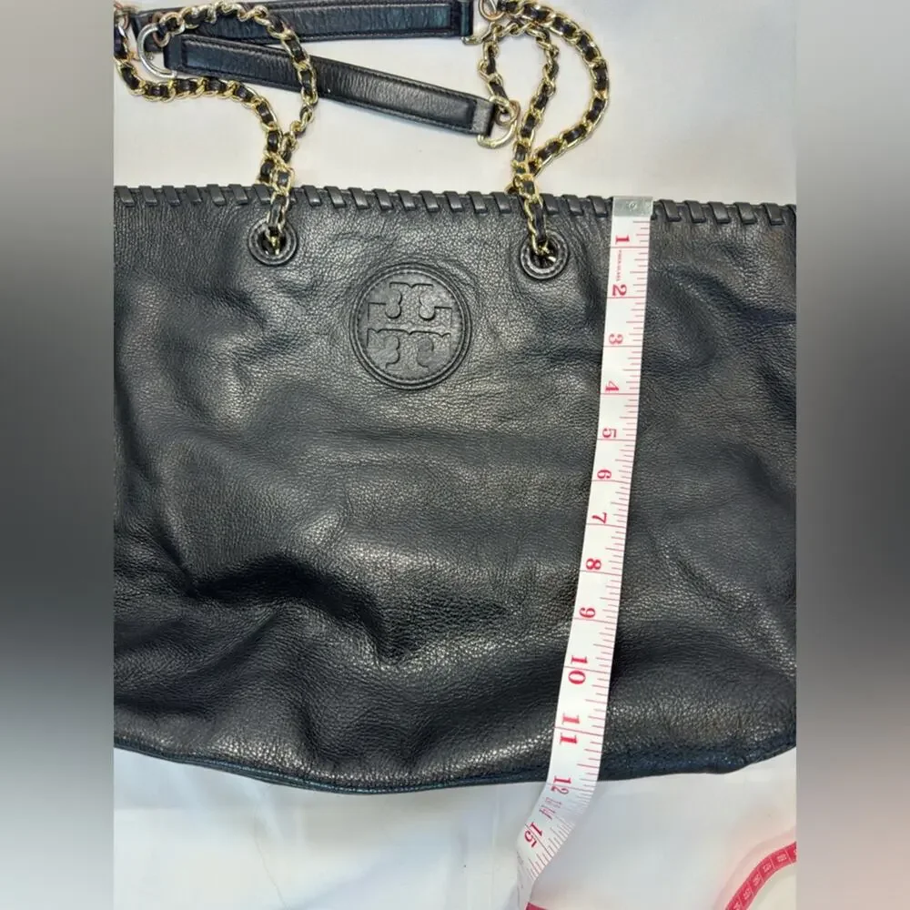 Tory Burch Large Pebble Black Leather East West Tote Bag Gold Chain Hardware